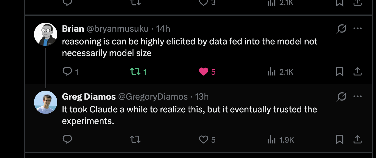 Brian on reasoning being elicited by data rather than model size