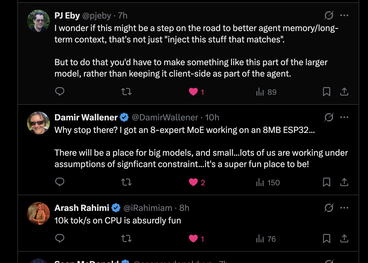 PJ Eby on agent memory and Damir Wallener on an 8-expert MoE running on an ESP32